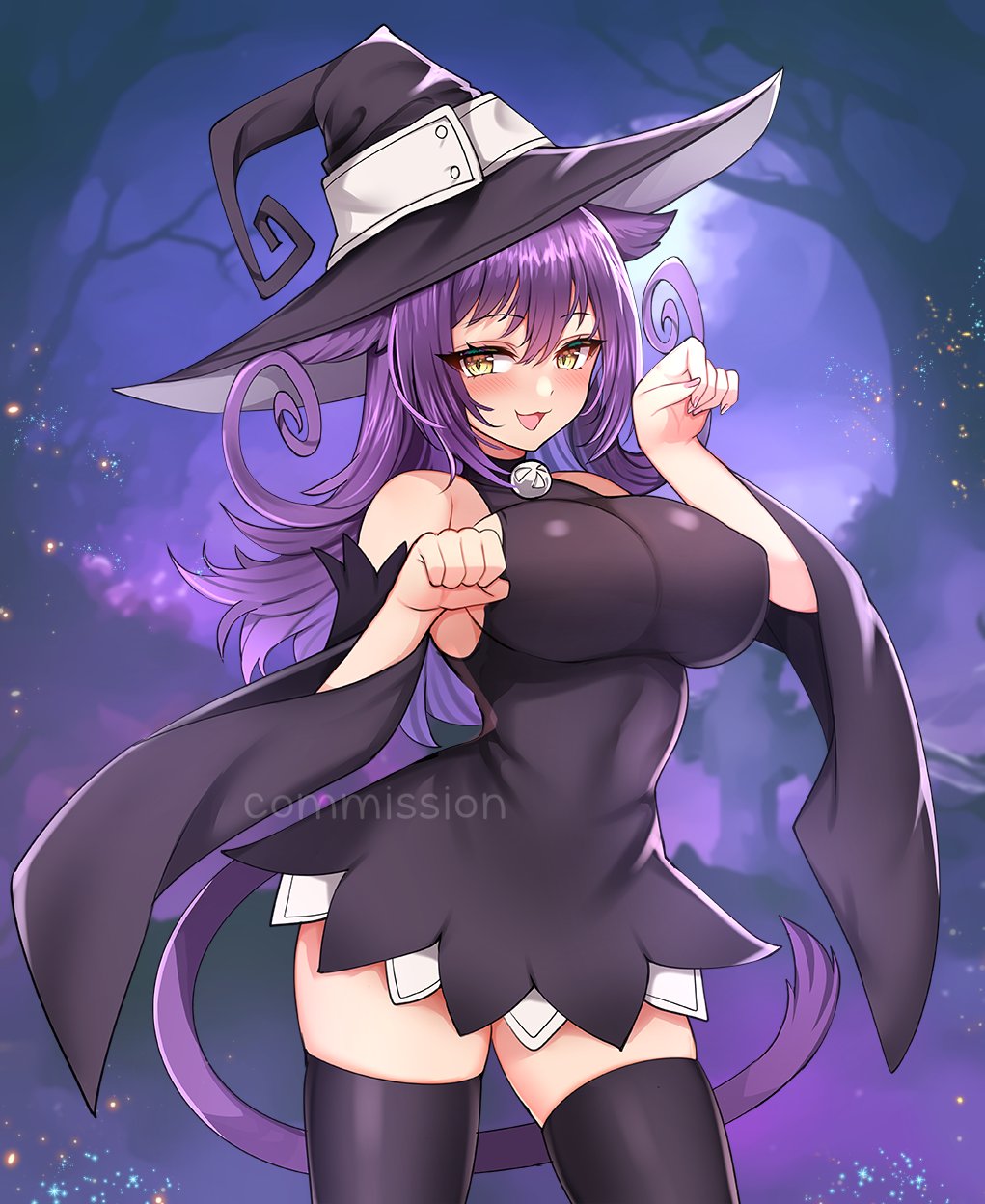 1girl, :3, animal_ears, bare_shoulders, bell, black_dress, black_hat, black_thighhighs, blair_(soul_eater), blush, breasts, cat_ears, cat_tail, commission, cowboy_shot, curly_hair, detached_sleeves, dress, full_moon, hair_between_eyes, halter_dress, halterneck, hands_up, hat, highres, jirafuru, large_breasts, long_hair, long_sleeves, looking_at_viewer, moon, neck_bell, night, open_mouth, outdoors, paw_pose, purple_hair, purple_sky, short_dress, sky, solo, soul_eater, tail, thighhighs, tree, wide_sleeves, witch_hat, yellow_eyes