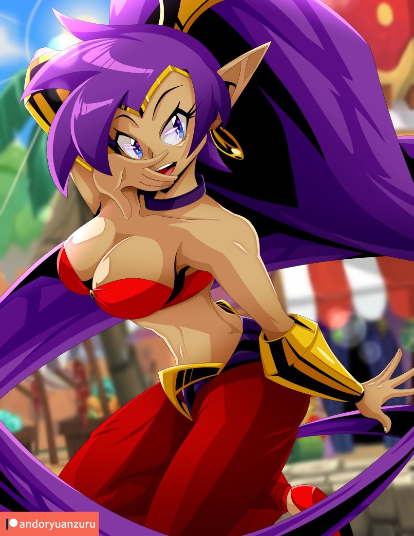 absurdres, andoryu_anzuru, bare_shoulders, blue_eyes, bra, breasts, cleavage, dark-skinned_female, dark_skin, earrings, highres, jewelry, large_breasts, long_hair, pants, ponytail, purple_hair, shantae, shantae_(series), underwear, very_long_hair