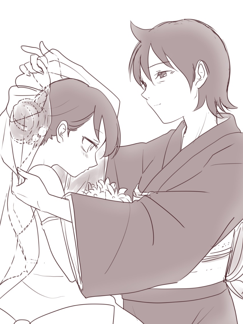 2girls, blush, bouquet, bridal_veil, detached_sleeves, dress, flower, greyscale