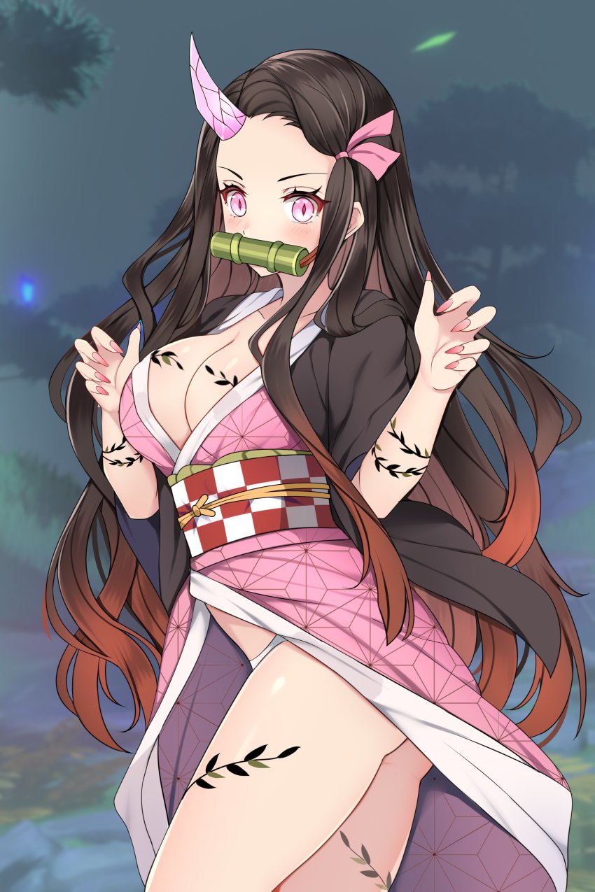 1girl, absurdres, ass, asymmetrical_bangs, bamboo, bit_gag, black_hair, blurry, blurry_background, body_markings, breasts, cleavage, cowboy_shot, demon_girl, fingernails, forehead, gag, gagged, gagged_(willingly), gradient_hair, hair_ribbon, highres, horns, japanese_clothes, jirafuru, kamado_nezuko, kamado_nezuko_(demon), kimetsu_no_yaiba, kimono, large_breasts, long_fingernails, long_hair, multicolored_hair, nail_polish, open_clothes, open_kimono, outdoors, panties, pink_eyes, pink_kimono, pink_nails, pink_ribbon, red_hair, ribbon, sharp_fingernails, sidelocks, single_horn, solo, thighs, tree, two-tone_hair, underwear, w_arms, white_panties