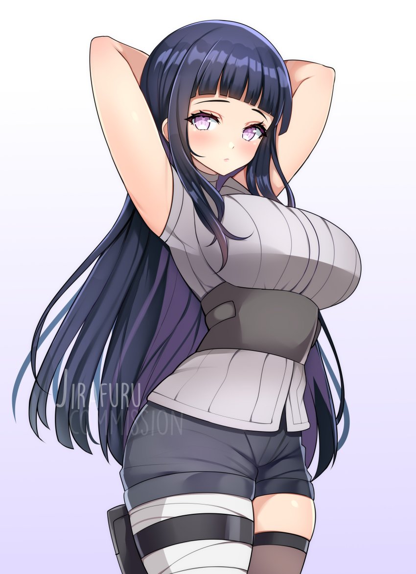 1girl, absurdres, arms_behind_head, artist_name, asymmetrical_legwear, bandaged_leg, bandages, bare_arms, black_hair, black_shorts, blunt_bangs, blush, breasts, cowboy_shot, gradient_background, grey_shirt, highres, hime_cut, hyuuga_hinata, jirafuru, large_breasts, long_hair, looking_at_viewer, naruto_(series), purple_background, purple_eyes, shirt, shorts, sidelocks, sleeveless, sleeveless_shirt, solo, thigh_strap, thighhighs