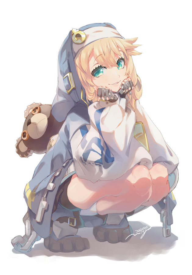 1boy, aqua_eyes, bike_shorts, black_gloves, blonde_hair, blue_jacket, bridget_(guilty_gear), broken, broken_chain, chain, fingerless_gloves, gloves, guilty_gear, guilty_gear_strive, hair_between_eyes, hood, hood_up, hooded_jacket, jacket, long_hair, long_sleeves, looking_at_viewer, male_focus, mars_symbol, n:go, parted_lips, roger_(guilty_gear), simple_background, solo, squatting, stuffed_animal, stuffed_toy, teddy_bear, trap, white_background