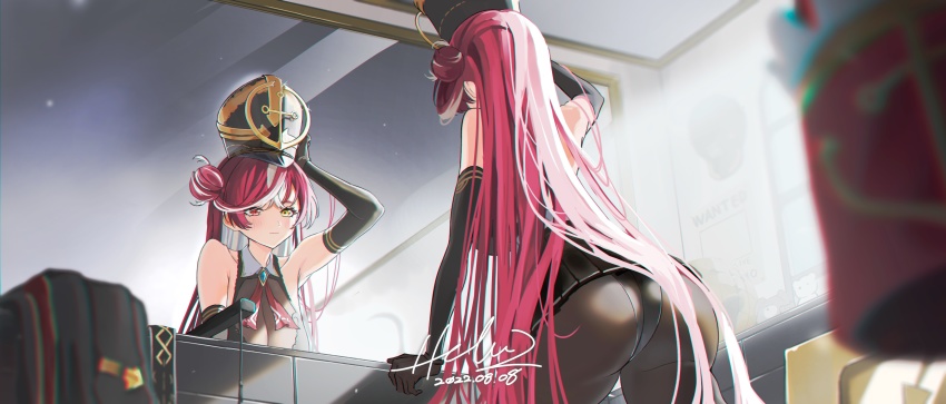 1girl, absurdres, ass, bare_shoulders, black_gloves, black_pantyhose, blush, breasts