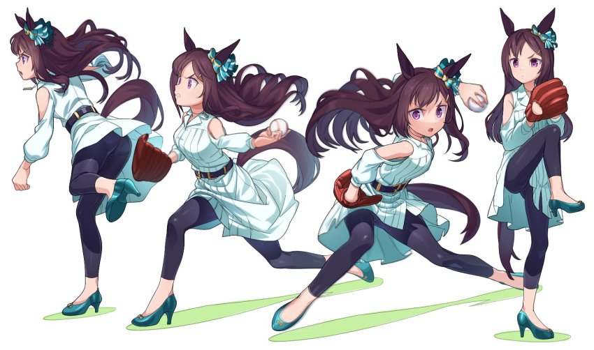 1girl, animal_ears, ball, baseball, baseball_glove, belt, breasts, brown_hair, cameltoe, clenched_teeth, closed_mouth, clothing_cutout, collared_dress, dress, green_footwear, hair_ornament, hairclip, high_heels, highres, holding, holding_ball, horse_ears, horse_girl, horse_tail, jewelry, leg_up, leggings, long_hair, long_sleeves, looking_afar, looking_at_viewer, medium_breasts, mejiro_dober_(casual)_(umamusume), mejiro_dober_(umamusume), motion_blur, multiple_views, nishiki_kazue, open_mouth, outstretched_arm, pendant, pitching, purple_eyes, sequential, shoulder_cutout, standing, standing_on_one_leg, tail, teeth, umamusume, v-shaped_eyebrows, white_background