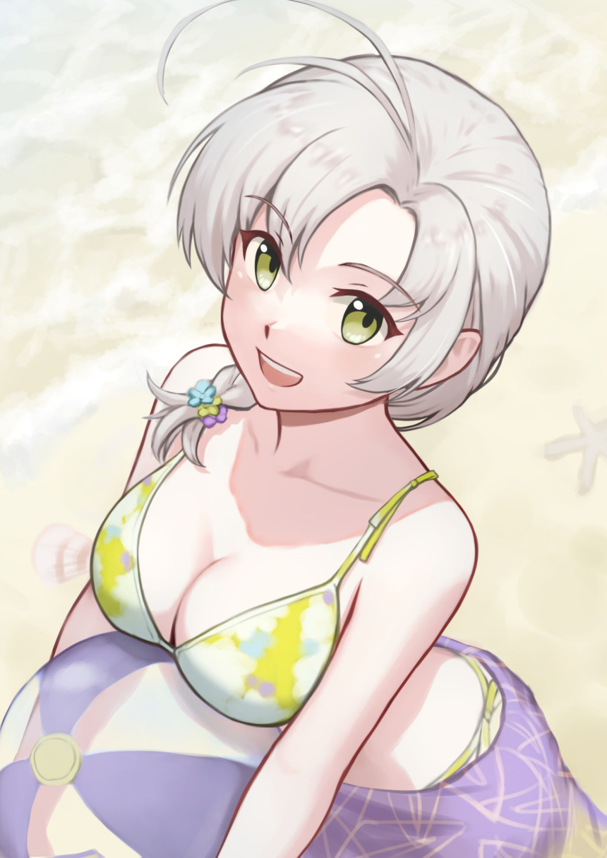 1girl, antenna_hair, ball, beachball, bikini, braid, breasts, cleavage