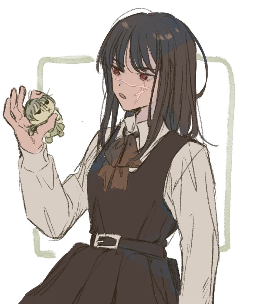 2girls, x_mouth, belt, black_belt, black_dress, black_hair, blunt_bangs, border