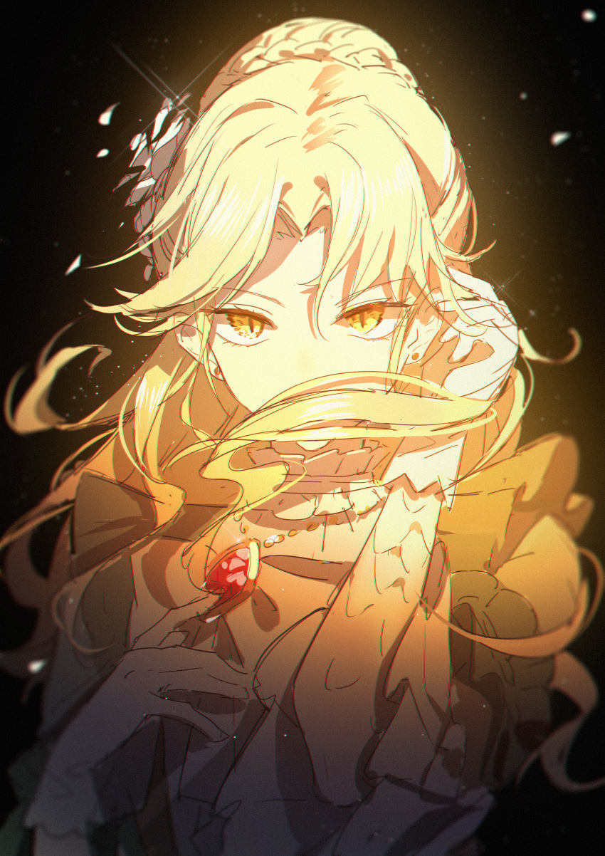 1girl, absurdres, adjusting_hair, audrey_hall, black_background, blonde_hair, chinese_commentary, choker