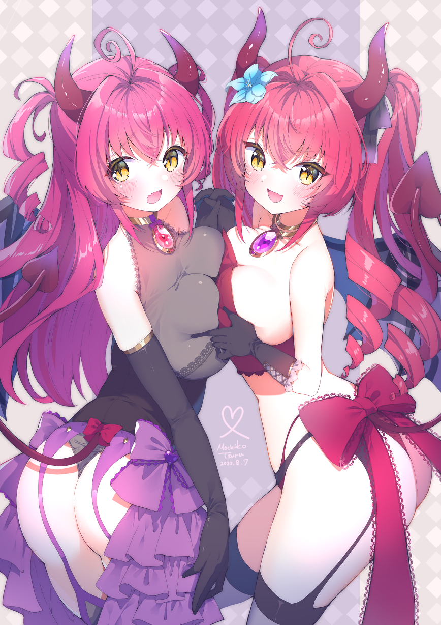 2girls, ahoge, ass, bare_shoulders, black_gloves, blush, breast_press, breasts, brooch, bustier, cleavage, commission, cowboy_shot, deep_skin, demon_girl, drill_hair, elbow_gloves, garter_straps, gloves, grabbing_another's_breast, groping, highres, jewelry, lace_trim, large_breasts, lingerie, long_hair, looking_at_viewer, mochiko_tsuru, multiple_girls, original, panties, quad_drills, red_hair, ribbon, siblings, skeb_commission, slit_pupils, smile, symmetrical_docking, thong, twins, underwear, yellow_eyes