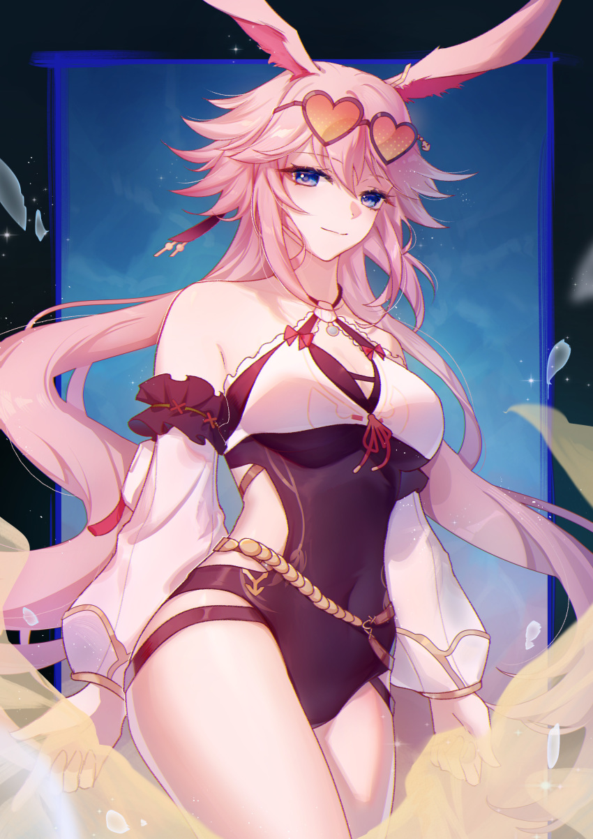 1girl, absurdres, animal_ears, bare_shoulders, black_border, black_one-piece_swimsuit, blue_sky, border, breasts, cleavage, closed_mouth, eyewear_on_head, fox_ears, highres, honkai_(series), honkai_impact_3rd, long_hair, looking_at_viewer, one-piece_swimsuit, pink_hair, purple_eyes, see-through_clothes, see-through_sleeves, silence_(pixiv18541142), sky, smile, solo, sunglasses, swimsuit, thighs, twintails, yae_sakura, yae_sakura_(goushinnso_memento), yae_sakura_(sakura_summer)