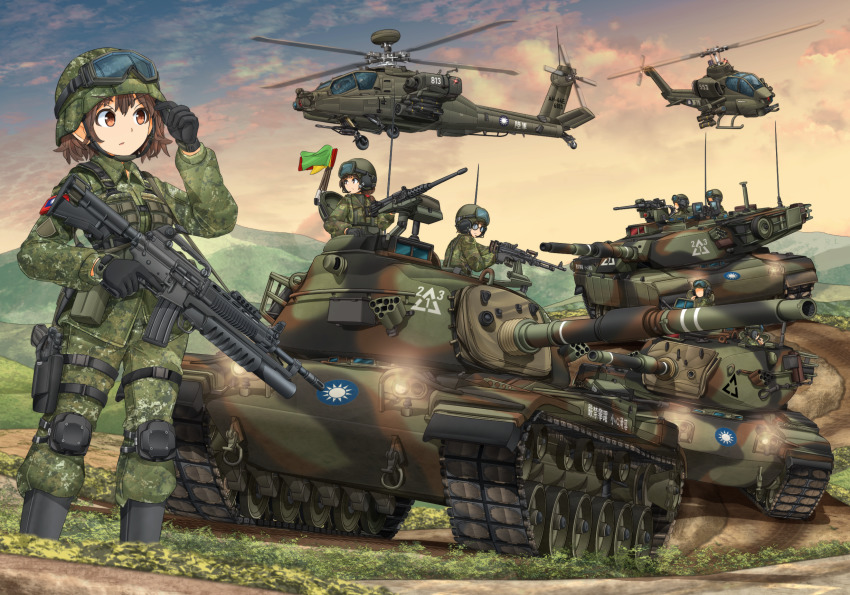 3girls, 6+others, adjusting_clothes, adjusting_headwear, ah-1_supercobra, ah-64_apache, aircraft, assault_rifle