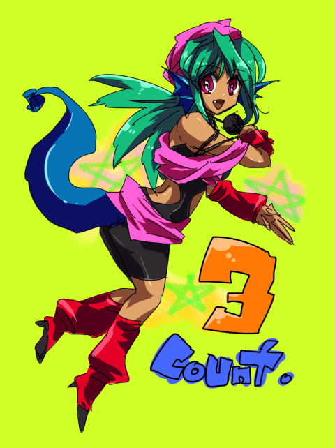 1girl, bandana, dark-skinned_female, dark_skin, female_focus, fins, full_body, gi_(pixiv446835), green_hair, head_fins, high_heels, juri_(yu_yu_hakusho), long_hair, microphone, red_eyes, shoes, solo, tail, yuu_yuu_hakusho