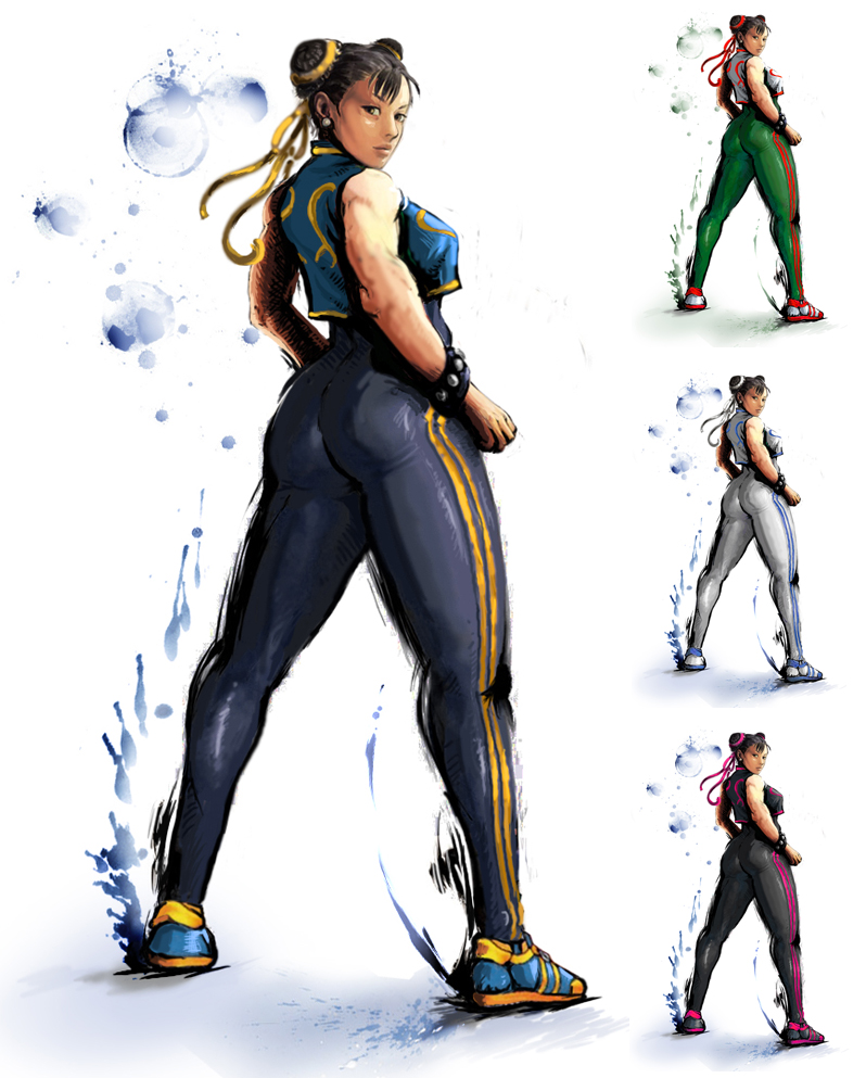 1990s_(style), 1girl, alternate_costume, ass, brown_eyes, brown_hair, capcom, chinese_clothes, chun-li, double_bun, earrings, jewelry, kaiwai, street_fighter, street_fighter_iv_(series), street_fighter_zero_(series), thick_thighs, thighs