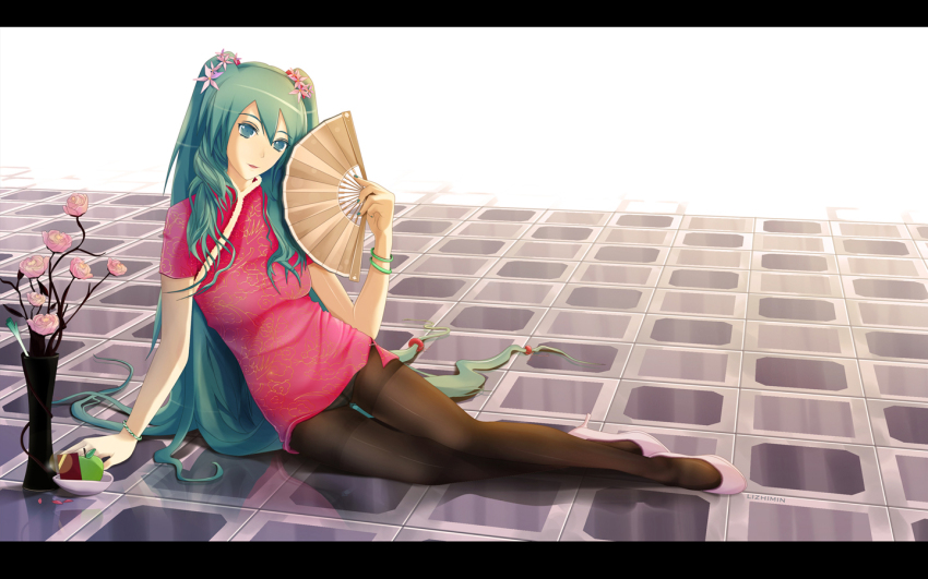 1girl, apple, aqua_eyes, aqua_hair, arm_support, artist_name, bracelet, checkered_floor, china_dress, chinese_clothes, crotch_seam, dress, dxlsmax_(lizhimin), female_focus, floor, flower, folding_fan, food, fruit, hair_flower, hair_ornament, hand_fan, hatsune_miku, high_heels, ikebana, jewelry, letterboxed, long_hair, nail_polish, panties, panties_under_pantyhose, pantyhose, shoes, sitting, solo, spring_onion, striped_clothes, striped_panties, thighband_pantyhose, tile_floor, tiles, twintails, u964buff7bu8b4eu6a0auff75uff79u90e2u6644uff7au5025uffe0, underwear, vase, very_long_hair, vocaloid, yokozuwari