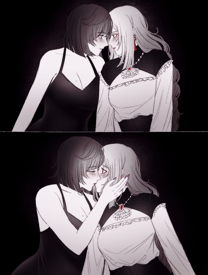 2girls, absurdres, blush, breasts, cleavage, closed_mouth, earrings, eye_contact
