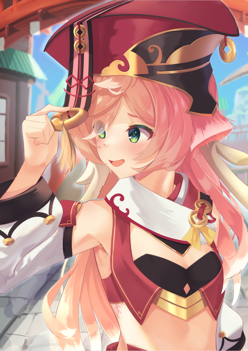 1girl, :d, bare_shoulders, blue_sky, blush, cloud, commentary_request, crop_top