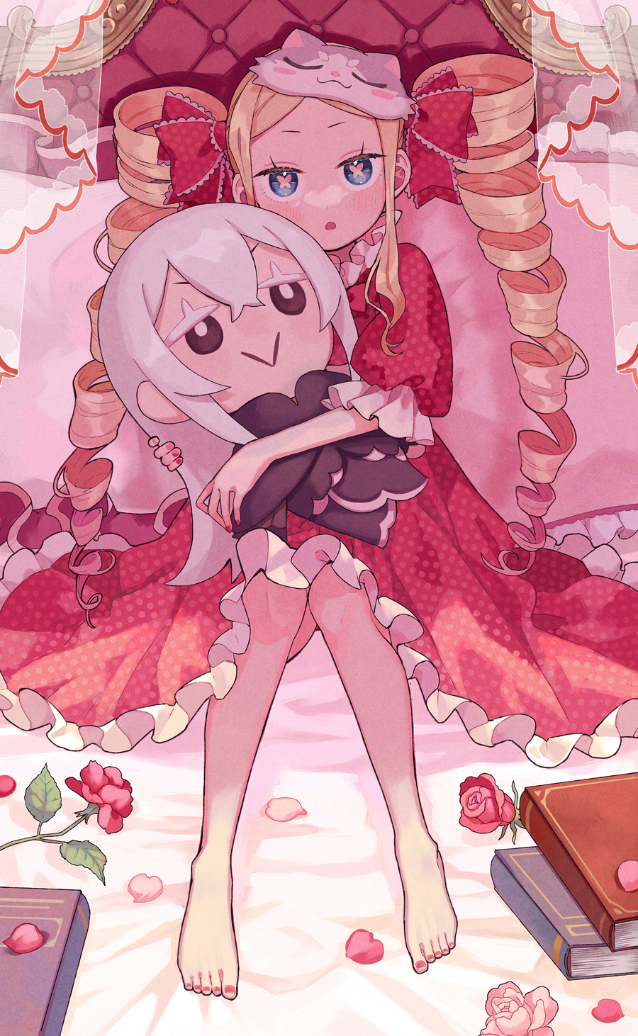 1girl, :o, barefoot, beatrice_(re:zero), bed, bed_sheet, blonde_hair, blue_eyes