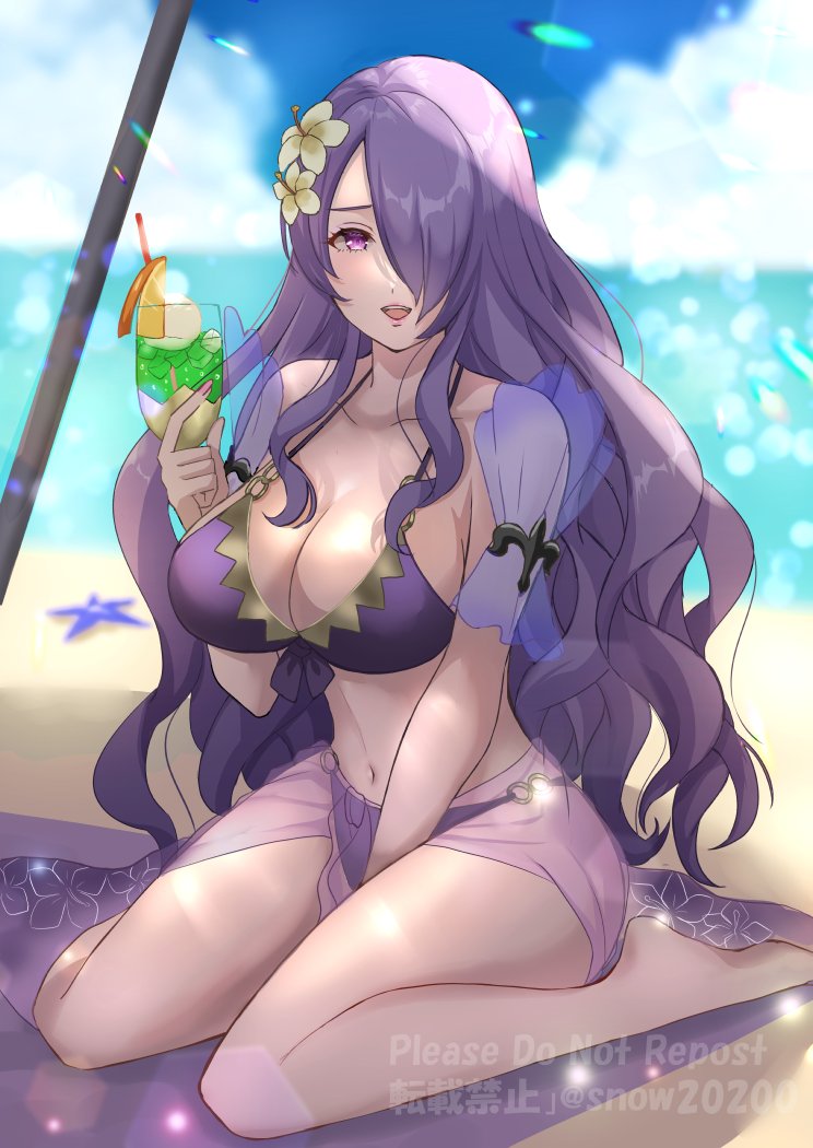 1girl, beach, bikini, breasts, camilla_(fire_emblem), camilla_(tropical_beauty)_(fire_emblem), cleavage, fire_emblem