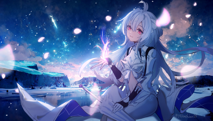00kashian00, 1girl, asymmetrical_gloves, black_gloves, fate/grand_order, fate_(series), fingerless_gloves, glacier, gloves, hair_between_eyes, highres, lady_avalon_(fate), lady_avalon_(third_ascension)_(fate), long_hair, merlin_(fate/prototype), merlin_(swimsuit_pretender)_(third_ascension)_(fate/prototype), mismatched_gloves, multicolored_gloves, outdoors, purple_eyes, robe, sitting, smile, snow, solo, umbrella, very_long_hair, white_gloves, white_hair, white_robe, white_umbrella