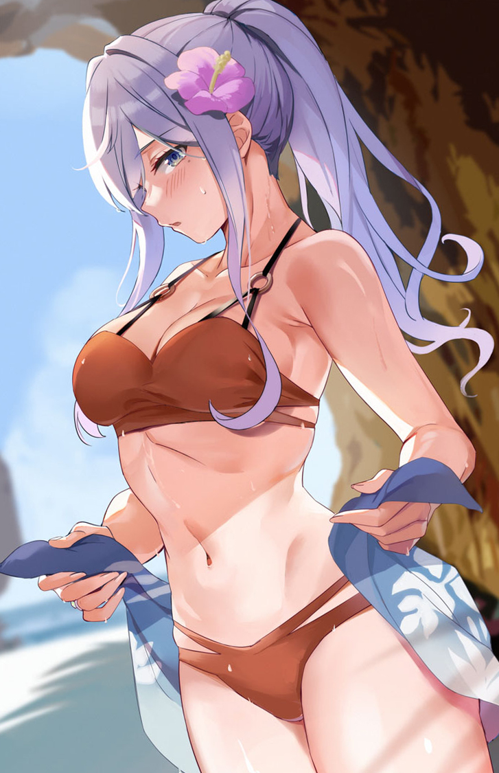 1girl, beach, bikini, blue_hair, breasts, brown_bikini, cleavage, collarbone
