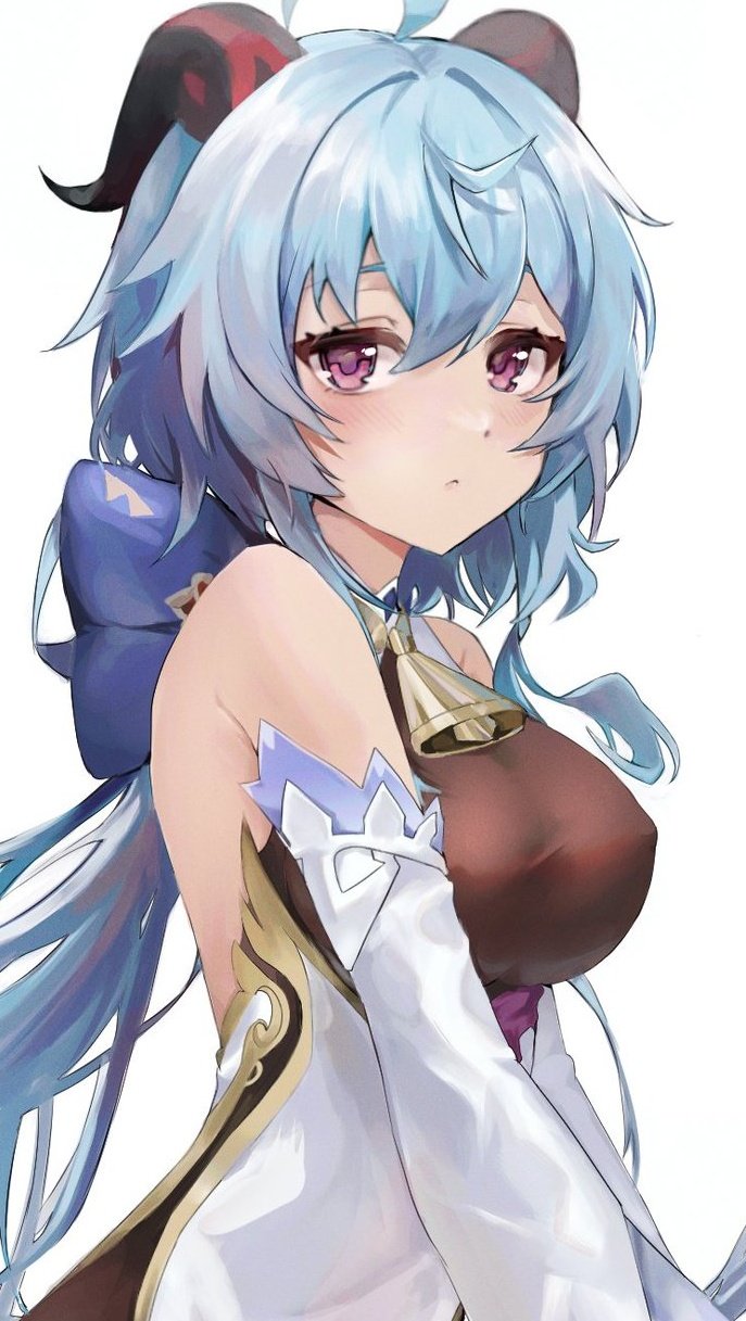 1girl, ahoge, bare_shoulders, bell, blue_hair, breasts, closed_mouth, covered_erect_nipples