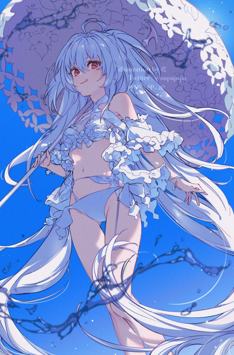 1girl, ahoge, bare_shoulders, bikini, blue_sky, breasts, cleavage, fate/grand_order