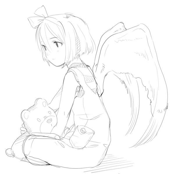 angel_wings, bad_id, bad_pixiv_id, bob_cut, bow, greyscale, hair_bow, indian_style