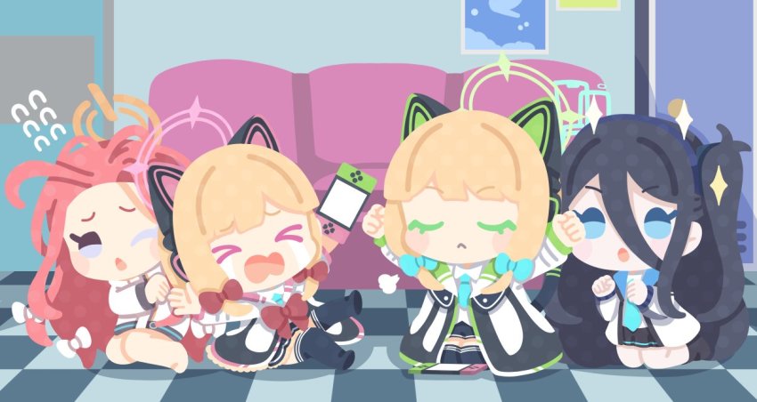 >_<, 4girls, :o, ;o, animal_ear_headphones, animal_ears, aris_(blue_archive), arms_up