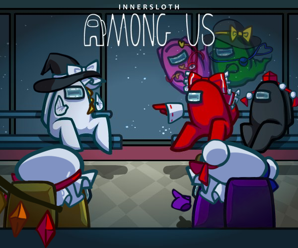 6+others, among_us, black_(among_us), black_headwear, bow, braid, cosplay, crossover