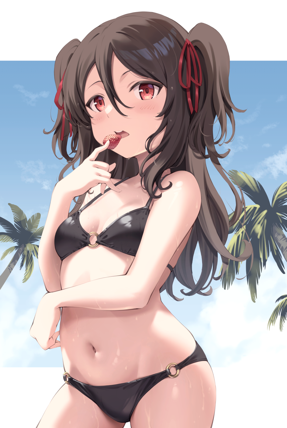 1girl, bikini, black_bikini, black_hair, blue_sky, breasts, cloud, comet_pun