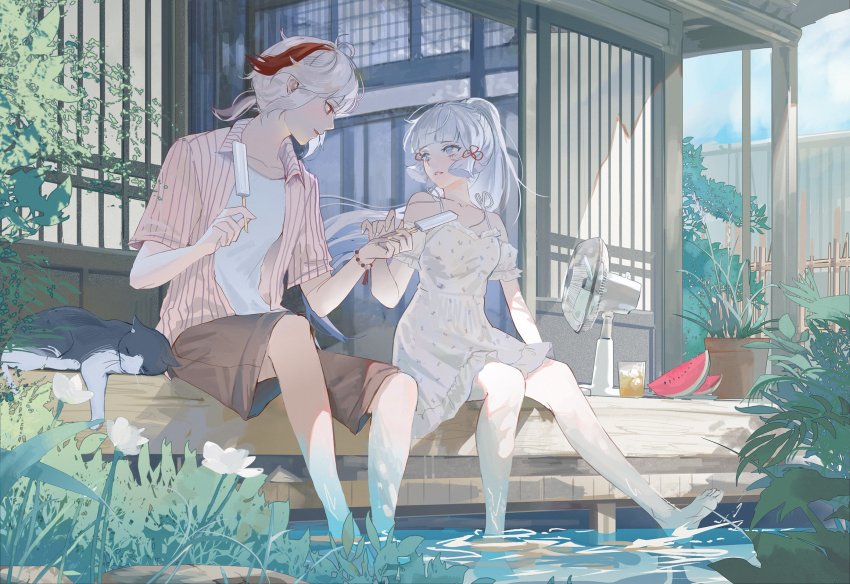 1boy, 1girl, ayaka_(genshin_impact), barefoot, blue_eyes, blue_hair, bracelet, brown_pants