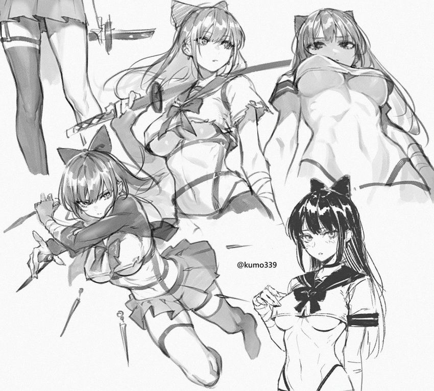 1girl, artist_name, bandaged_arm, bandages, black_hair, bow, breasts, commentary