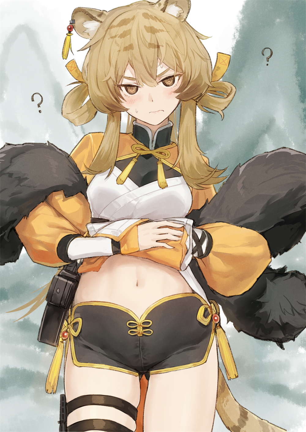 1girl, ?, animal_ears, arknights, black_shorts, blush, brown_eyes, brown_hair