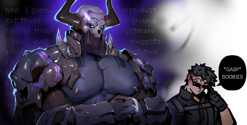 2boys, absurdres, adjusting_eyewear, armor, bara, black_gloves, black_hair, black_jacket, blush, deadbeatincubus, english_text, fate/grand_order, fate_(series), fujimaru_ritsuka_(male), gloves, highres, jacket, king_hassan_(fate), large_pectorals, looking_at_another, male_focus, mask, meme, multiple_boys, muscular, muscular_male, nipples, official_alternate_costume, pectoral_focus, pectorals, short_hair, skull, skull_mask, spikes, sunglasses, upper_body