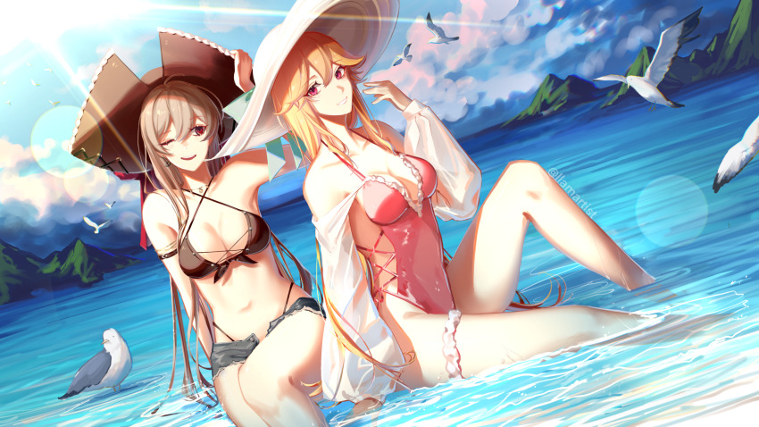 2girls, ;d, anchor_earrings, arm_strap, artist_name, azur_lane, bikini, bikini_under_clothes
