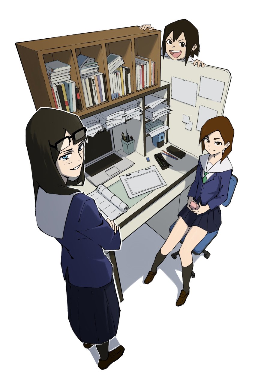 3girls, absurdres, animation_paper_(object), asakusa_midori, asymmetrical_bangs, black_eyes, black_hair, black_socks, blue_eyes, blue_jacket, blue_skirt, book, brown_eyes, brown_footwear, brown_hair, chair, computer, crossed_arms, desk, drink_carton, eizouken_ni_wa_te_wo_dasu_na!, eraser, eyewear_on_head, freckles, green_necktie, highres, holding_carton, jacket, kanamori_sayaka, laptop, long_hair, long_sleeves, milk_carton, mizusaki_tsubame, multiple_girls, necktie, office_chair, over-rim_eyewear, paper, pencil, pencil_sharpener, pleated_skirt, psylduck, school_uniform, semi-rimless_eyewear, serafuku, shirt, shoes, short_hair, simple_background, sitting, skirt, smile, socks, standing, swivel_chair, white_background, white_shirt