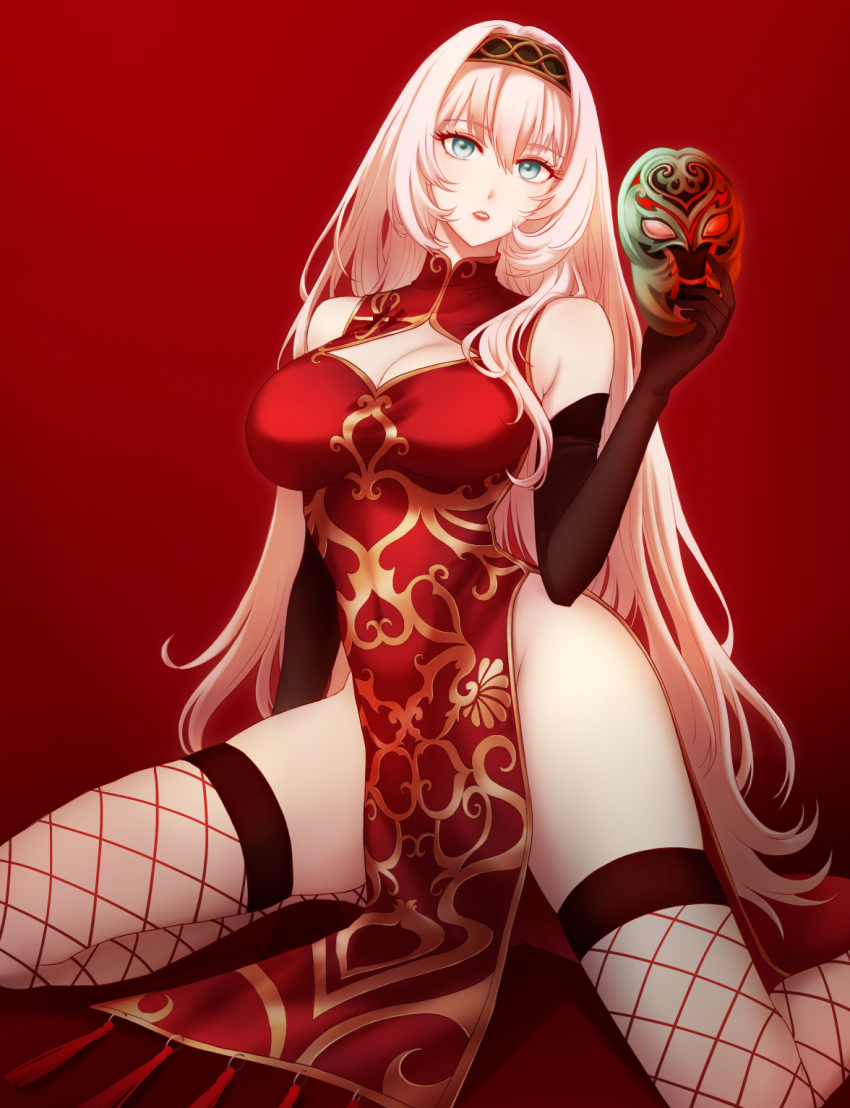 1girl, black_gloves, black_hairband, blue_eyes, breasts, china_dress, chinese_clothes, cleavage, cleavage_cutout, clothing_cutout, covered_navel, dress, elbow_gloves, fishnet_thighhighs, fishnets, gloves, hair_between_eyes, hairband, highres, holding, holding_mask, kneeling, large_breasts, long_hair, looking_at_viewer, mask, megurine_luka, megurine_luka_(kougyoku), parted_lips, red_background, red_dress, red_lips, sapphirez39, sleeveless, sleeveless_dress, solo, thighhighs, very_long_hair, vocaloid, white_hair