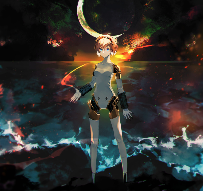 1girl, aigis_(persona), android, beach, blonde_hair, blue_eyes, commentary_request, full_body