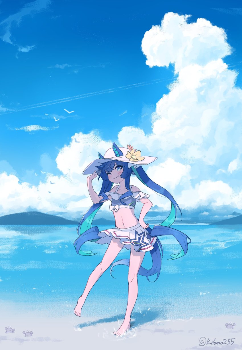 1girl, absurdres, animal_ears, artist_name, bare_shoulders, barefoot, beach, blue_eyes