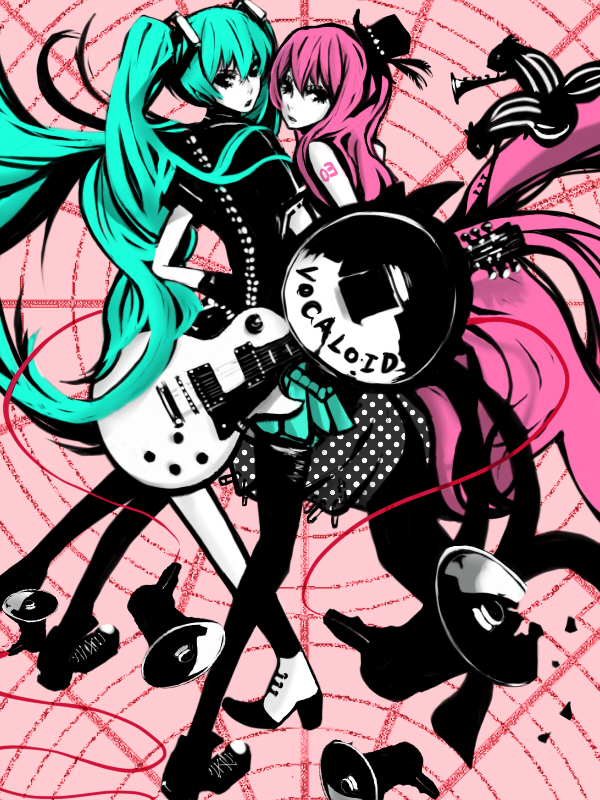 2girls, aqua_hair, guitar, hat, hatsune_miku, instrument, long_hair, megaphone