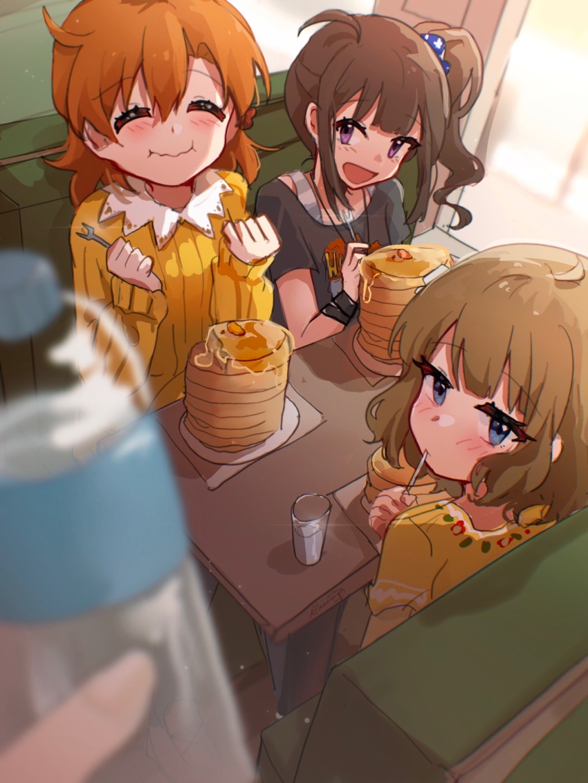 1other, 3girls, ^_^, blush, bottle, brown_hair, closed_eyes, food, highres, holding, holding_bottle, idolmaster, idolmaster_million_live!, indoors, jitome, looking_at_viewer, maple_syrup, multiple_girls, nnnn, orange_hair, pancake, pancake_stack, pov, pov_hands, restaurant, side_ponytail, sitting, suou_momoko, utensil_in_mouth, water_bottle, wavy_hair, wavy_mouth, yabuki_kana, yokoyama_nao