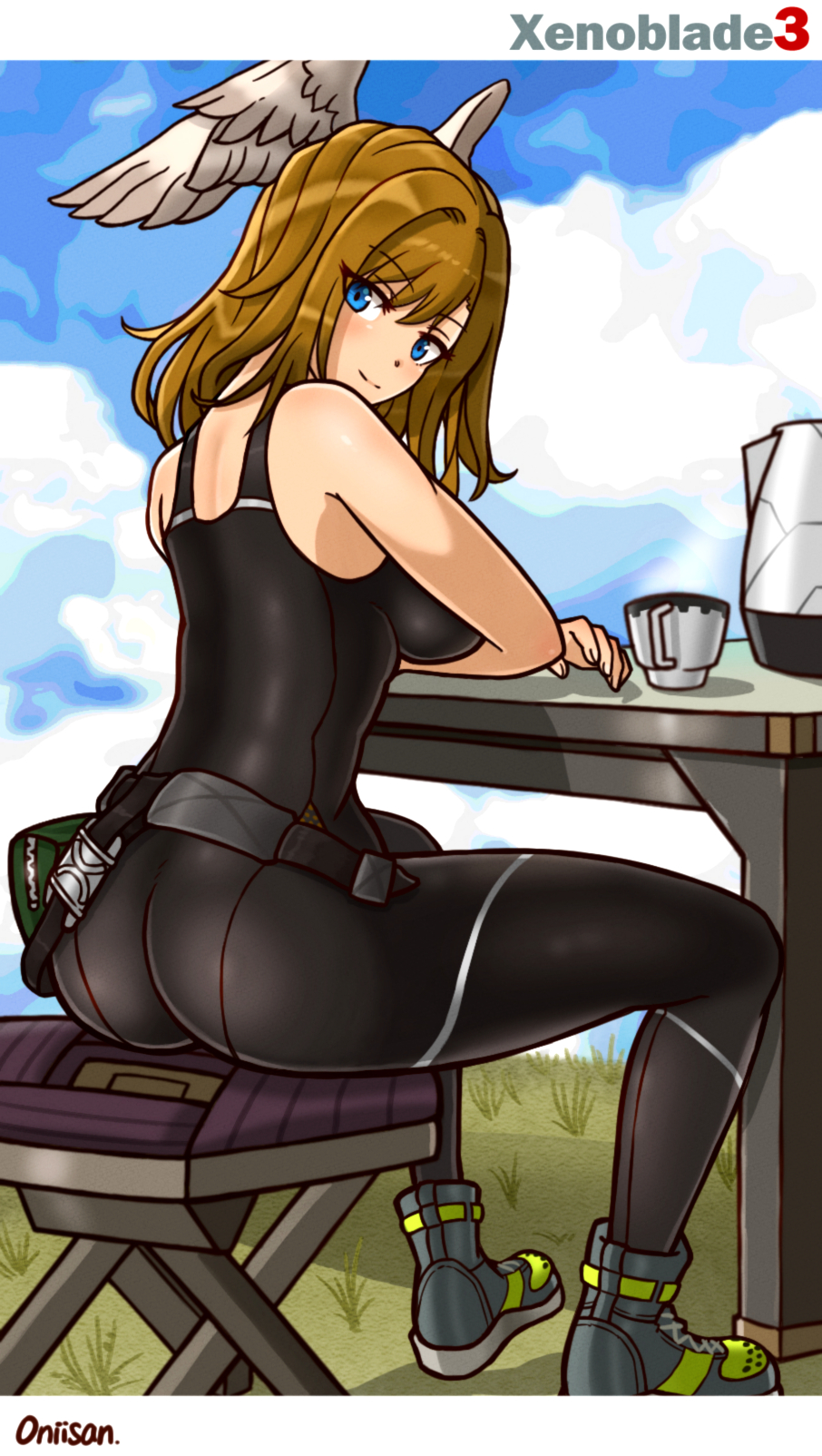 1girl, ass, bare_shoulders, blue_eyes, bodysuit, boots, breasts, brown_hair, eunie_(xenoblade), from_behind, head_wings, highres, looking_at_viewer, looking_back, medium_breasts, medium_hair, oniisan, shiny_clothes, shiny_skin, sideboob, sitting, smile, solo, wings, xenoblade_chronicles_(series), xenoblade_chronicles_3