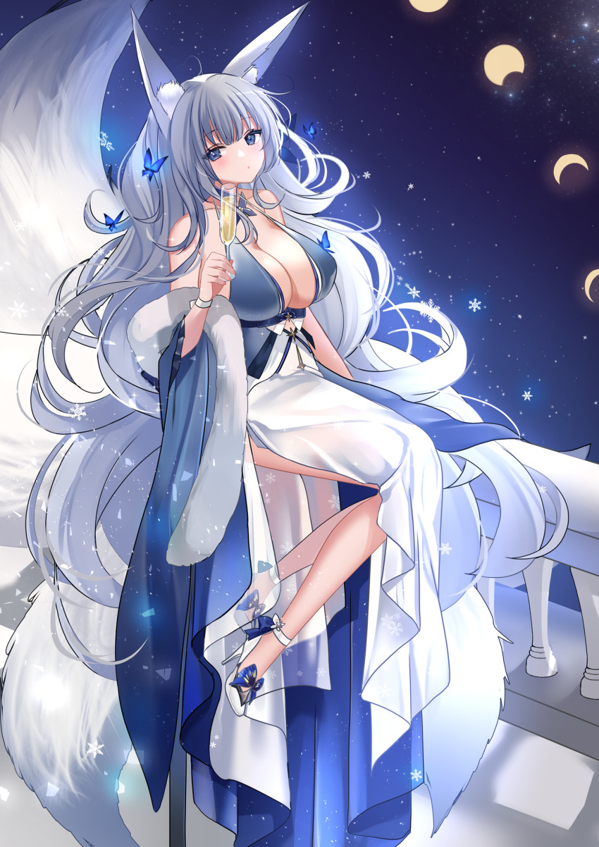 1girl, animal_ear_fluff, animal_ears, azur_lane, bare_shoulders, blue_eyes, breasts, cleavage, closed_mouth, commentary, crescent_moon, dot_mouth, fox_ears, fox_girl, full_body, grey_hair, high_heels, highres, huge_breasts, kitsune, large_breasts, long_hair, moon, off_shoulder, official_alternate_costume, ramune_(lamunepop), shinano_(azur_lane), shinano_(dreams_of_the_hazy_moon)_(azur_lane), sitting, sky, solo, sparkle, star_(sky), starry_sky, very_long_hair, white_footwear