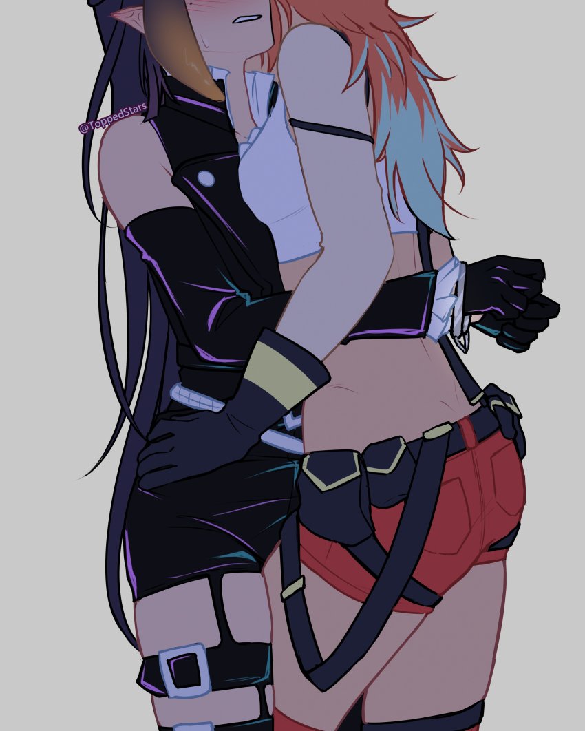 2girls, absurdres, blush, cosplay, cuffs, ear_blush, gloves, green_hair