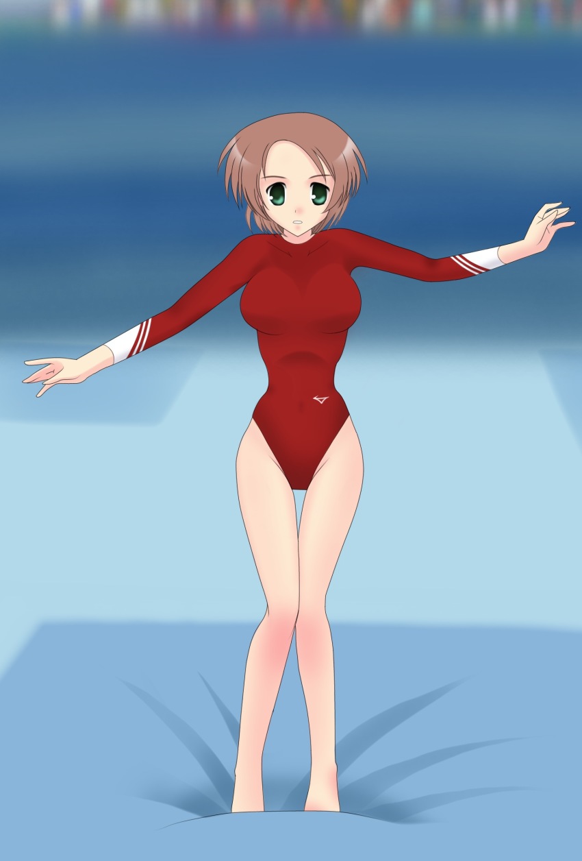 1girl, brown_hair, green_eyes, gymnastics, highres, ishida_aiko, leotard, red_leotard