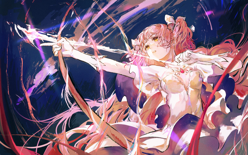 1girl, absurdres, aiming, arrow_(projectile), blinklikeer, blue_background, bow, bow_(weapon)