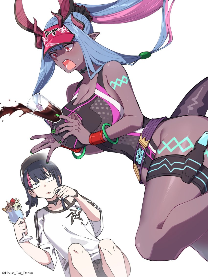 2girls, absurdres, bare_shoulders, baseball_cap, black_hair, black_one-piece_swimsuit, black_shorts, blue_eyes