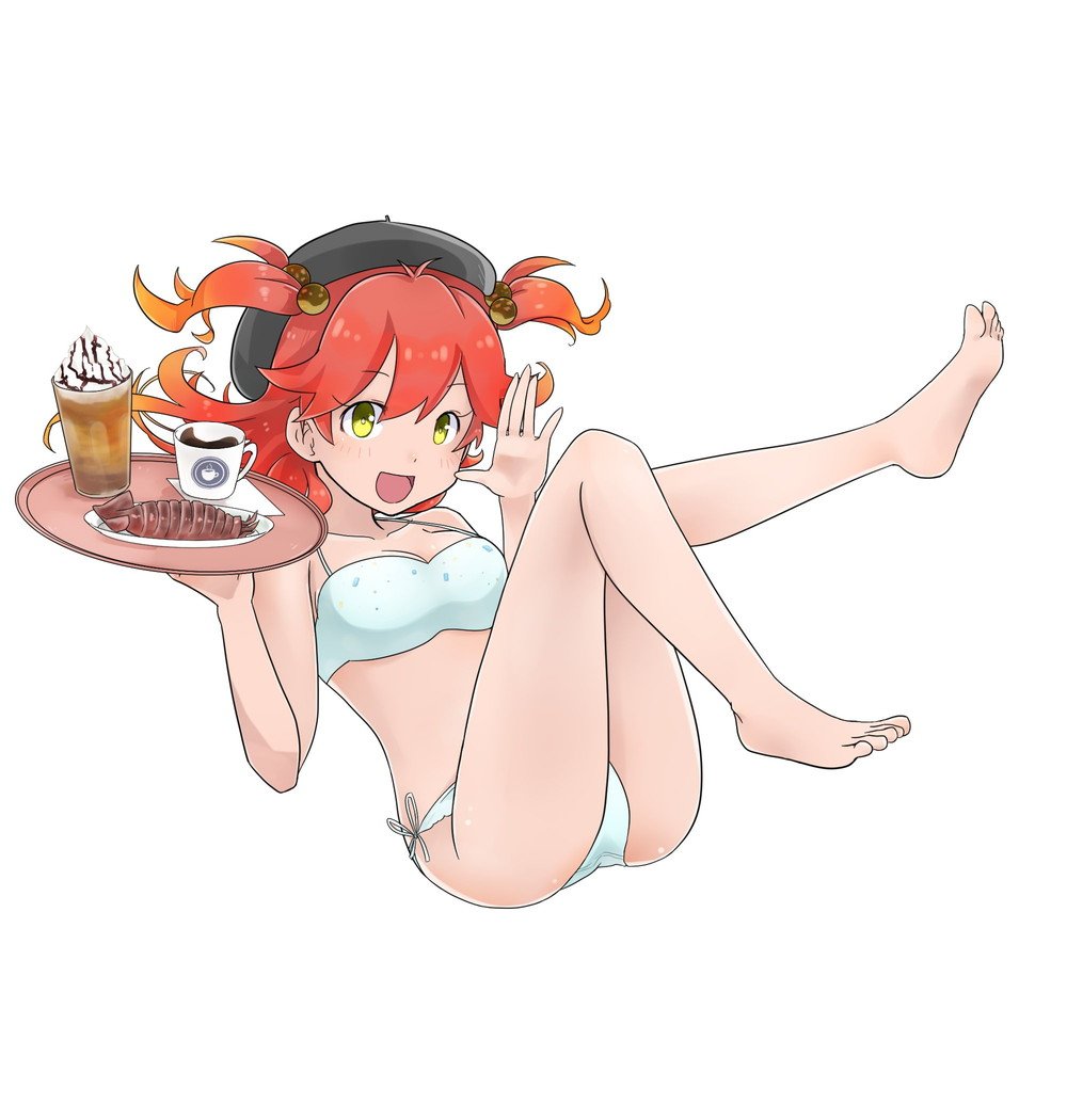 1girl, bikini, coffee, nanba-tan, open_mouth, red_hair, side-tie_bikini_bottom, swimsuit, white_bikini, yellow_eyes
