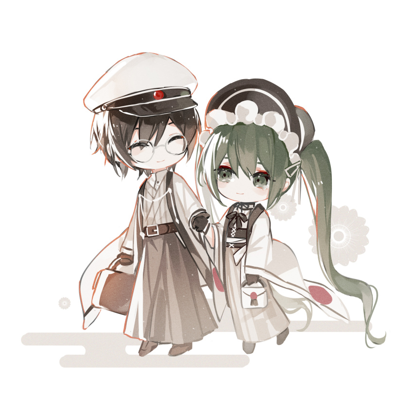 1boy, 1girl, ^_^, absurdres, bag, black_footwear, black_gloves, black_hair, black_headwear, bonnet, brown_footwear, brown_hakama, chibi, closed_eyes, closed_mouth, egasumi, eyebrows_hidden_by_hair, floral_background, glasses, gloves, green_eyes, green_hair, hair_between_eyes, hakama, hakama_skirt, hat, hatsune_miku, highres, holding, holding_bag, holding_hands, japanese_clothes, kaito_(vocaloid), kazenemuri, kimono, long_hair, long_sleeves, open_clothes, peaked_cap, kaito_(rei_no_sakura_shirayuki)_(vocaloid), round_eyewear, shirt, shoes, skirt, smile, striped_clothes, striped_kimono, twintails, vertical-striped_clothes, vertical-striped_kimono, very_long_hair, vocaloid, white_background, white_headwear, white_shirt, wide_sleeves