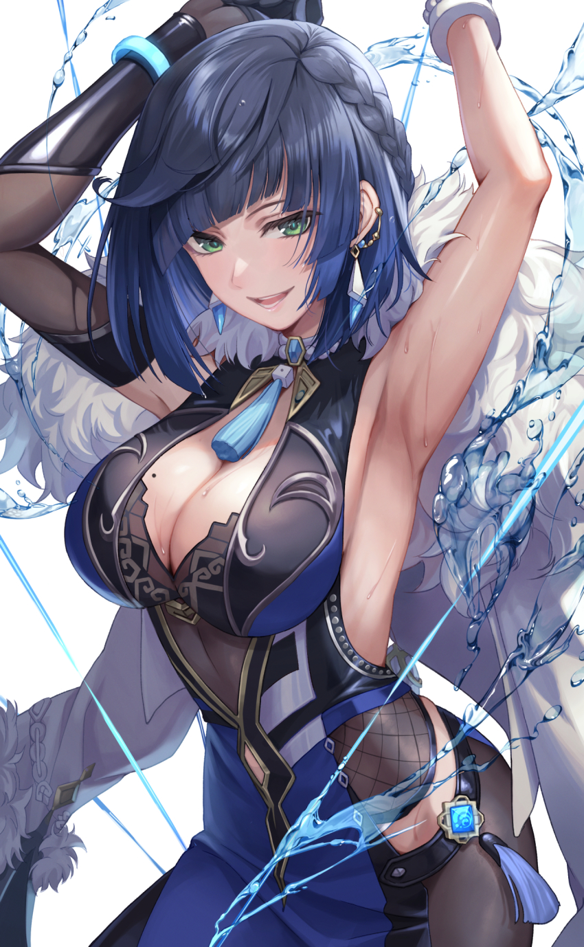 1girl, armpits, arms_up, asymmetrical_hair, bangle, black_gloves, blue_hair, blunt_bangs, bob_cut, bracelet, braid, breasts, choker, cleavage, cleavage_cutout, clothing_cutout, coat, coat_on_shoulders, cowboy_shot, dark_blue_hair, diagonal_bangs, dice, earrings, elbow_gloves, fur-trimmed_coat, fur_trim, genshin_impact, gloves, gradient_hair, green_eyes, highres, hip_vent, jewelry, kuze_kaname, large_breasts, looking_at_viewer, mole, mole_on_breast, multicolored_hair, neck_tassel, open_mouth, pelvic_curtain, short_hair, simple_background, single_elbow_glove, single_glove, smile, solo, sweat, tassel, teeth, vision_(genshin_impact), water_drop, white_background, yelan_(genshin_impact)