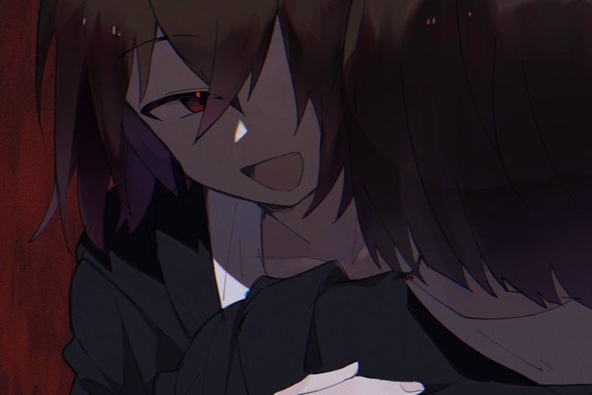 2boys, black_jacket, brown_hair, chromatic_aberration, commentary_request, dual_persona, film_grain, gradient_hair